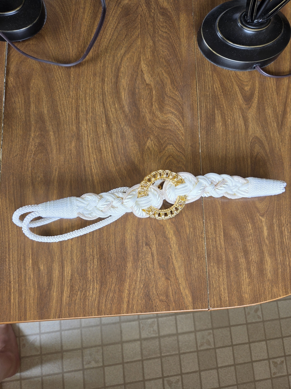 Source Unknown White Braided Rope Belt with Gold Ring Accent